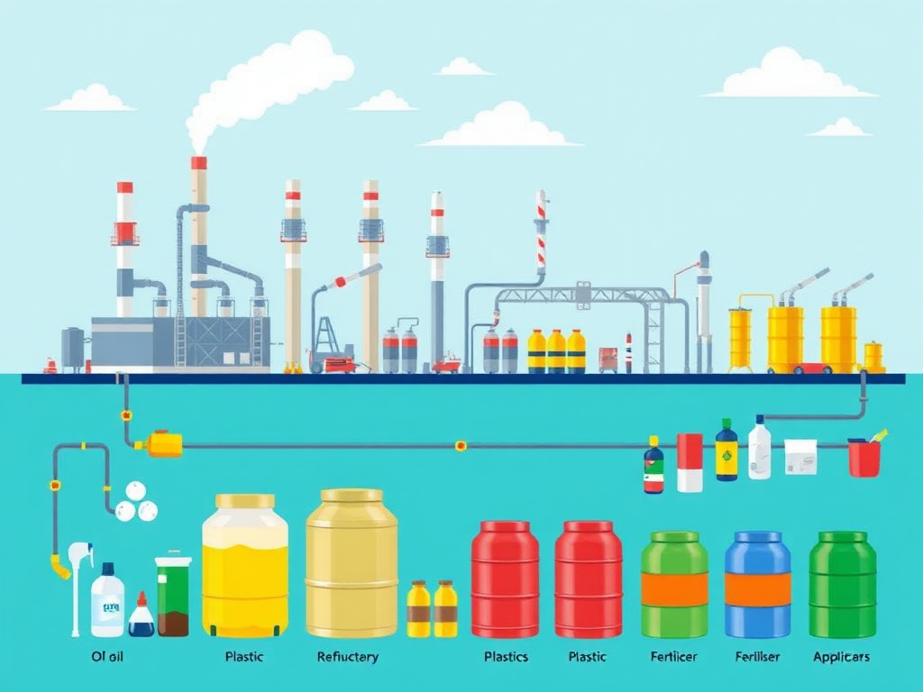 Derivados del Petróleo: Tipos, Aplicaciones y Efectos Industriales Ilustración industrial de la cadena de producción petroquímica