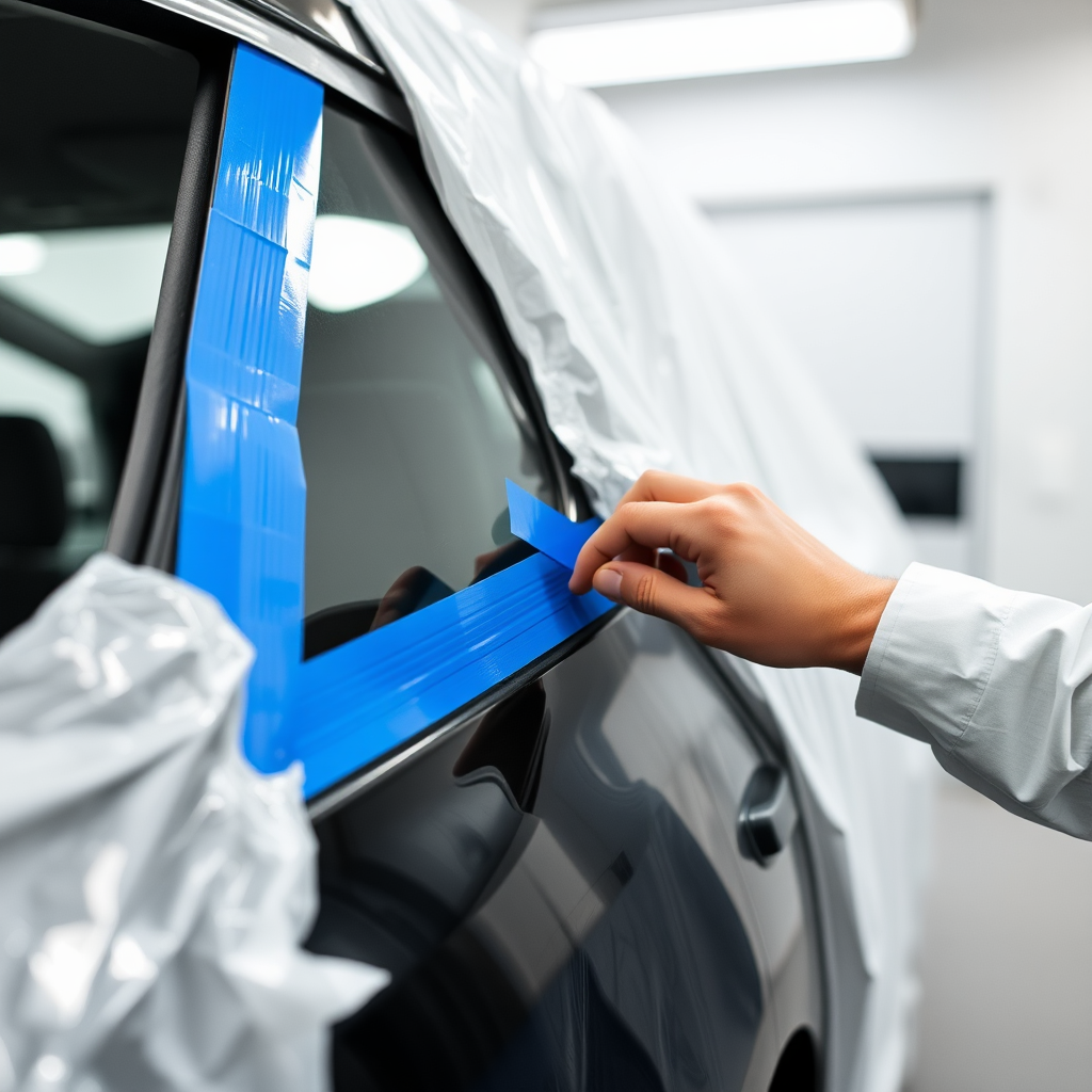 Un técnico enmascarando cuidadosamente un coche antes de pintarlo.