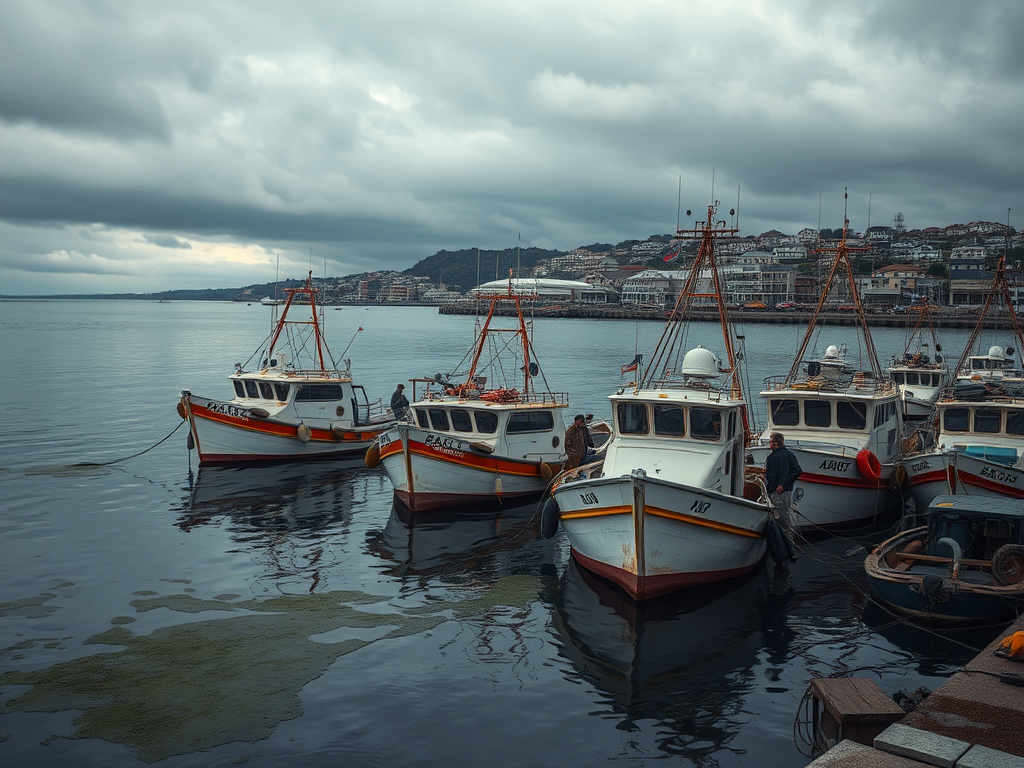 Barcos pesqueros atracados con pescadores preocupados tras un derrame de petróleo.