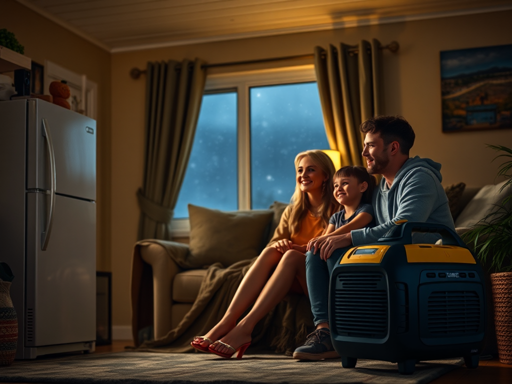 Familia en casa acogedora durante tormenta, con generador portátil visible, alimentando electrodomésticos esenciales